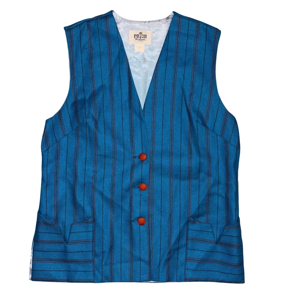 Prior Westerns Denver Vintage Teal Blue Pinstripe Western Vest Orange Accents 38